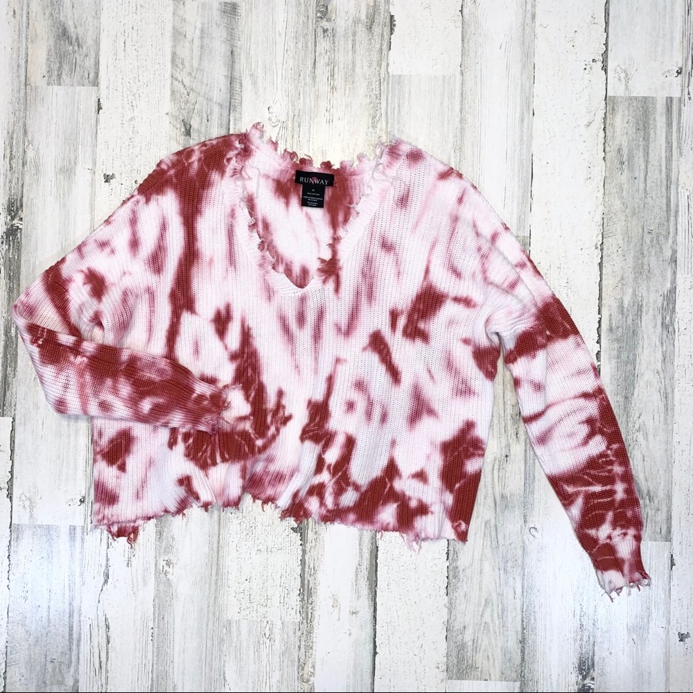 Francesca’s | Tie Dye V- Neck Distressed Sweater